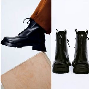 Zara Lace-up Zipper Leather Chunky Sole Boots.